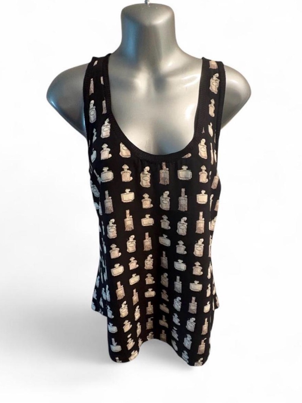 Vintage Joie Black Silk Perfume Bottle Print Tank Top - Women